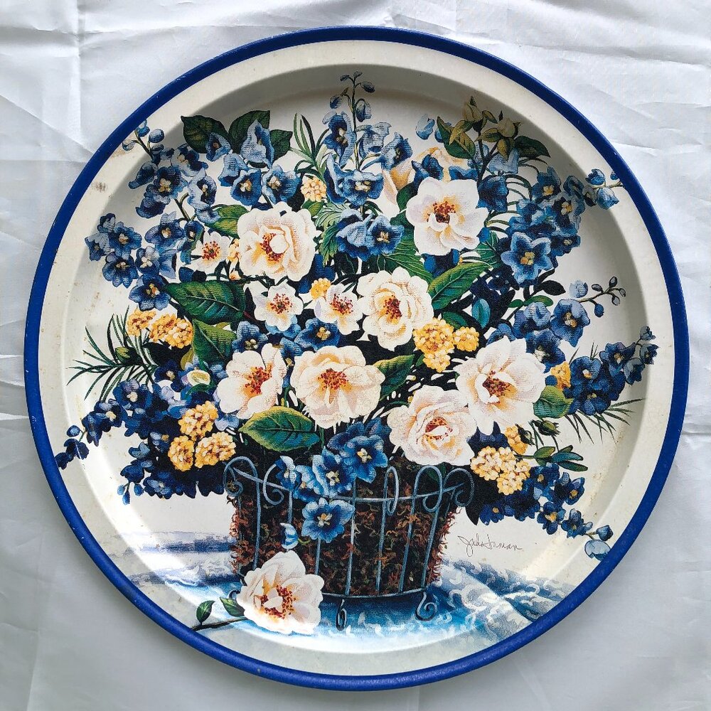 Vtg Blue Floral Metal Tea Tray Julie Inman Potpourri Designs Grand Millennial